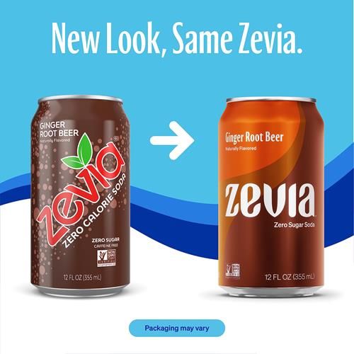 Zevia Zero Sugar Soda, Ginger Root Beer, 12 Ounce Sleek Can