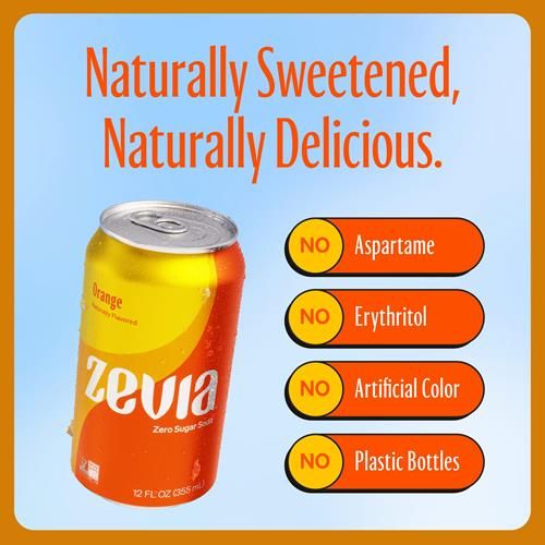Zevia Zero Sugar Soda, Orange, 12 Ounce Sleek Can