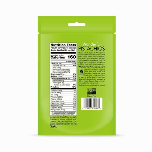 Wonderful Pistachios No Shells, Roasted & Salted Nuts, 6 Ounce Resealable Bag, Protein Snacks, Gluten Free, Healthy Snacks For Adults