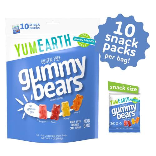 Yumearth Organic Fruit Flavored Gummy Bears, 10- .7Oz. Snack Packs, Allergy Friendly, Gluten Free, Non-Gmo, No Artificial Flavors Or Dyes, Assorted