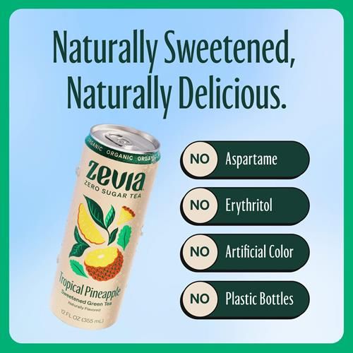Zevia Organic Sugar Free Iced Tea, Green Tea Tropical Pineapple, 12 Ounce Can
