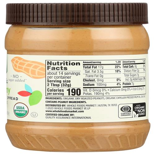 Whole Foods Market, Organic Unsweetened Peanut Butter, 16 Oz