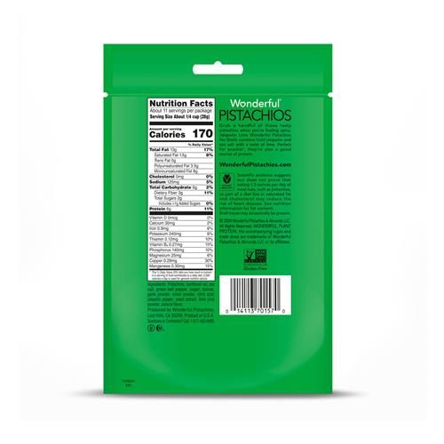 Wonderful Pistachios No Shells, Jalapeño Lime Flavored Nuts, 11 Ounce Resealable Bag, Spicy Nuts, Protein Snacks, Gluten Free Pantry Staples, Healthy Snacks
