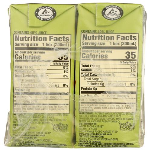 Whole Foods Market, Organic Reduced-Sugar Apple Juice Boxes, 6.75 Fl Oz (Pack Of 8)