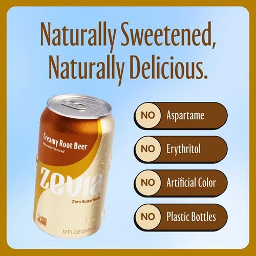 Zevia Zero Calorie Soda, Creamy Root Beer, 12 Ounce Cans (Pack Of 6)