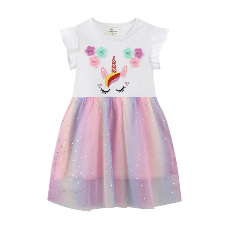 Jumping Meters New Arrival Princess Party Tutu Dresses Unicorn Embroidery Mesh Cute Animals Birthday Gifts Kids Costume Dresses