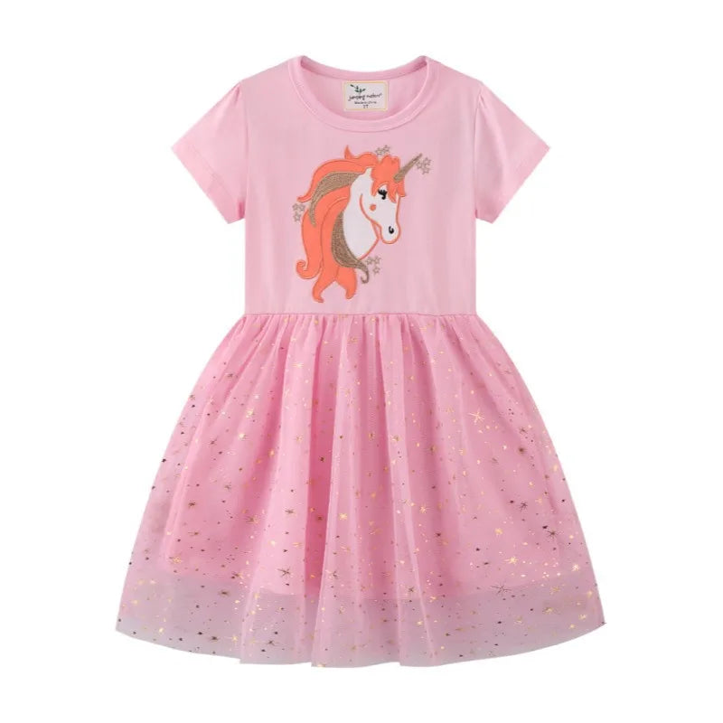 Jumping Meters New Arrival Princess Party Tutu Dresses Unicorn Embroidery Mesh Cute Animals Birthday Gifts Kids Costume Dresses