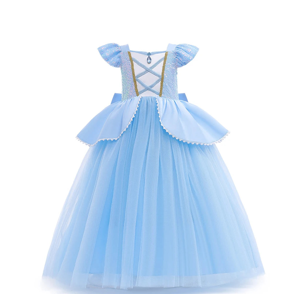 Girls Princess Dress Cinderellas Ball Gown Costume Flying Sleeve Big Bow Blue Purple Dress Fancy Carnival Birthday Party Luxury