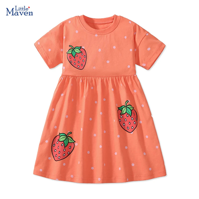 Little maven 2025 New Summer Cartoon Strawberry Dresses Cotton Children's Clothing Casual Vestidos Clothes for Kids 2-7 year