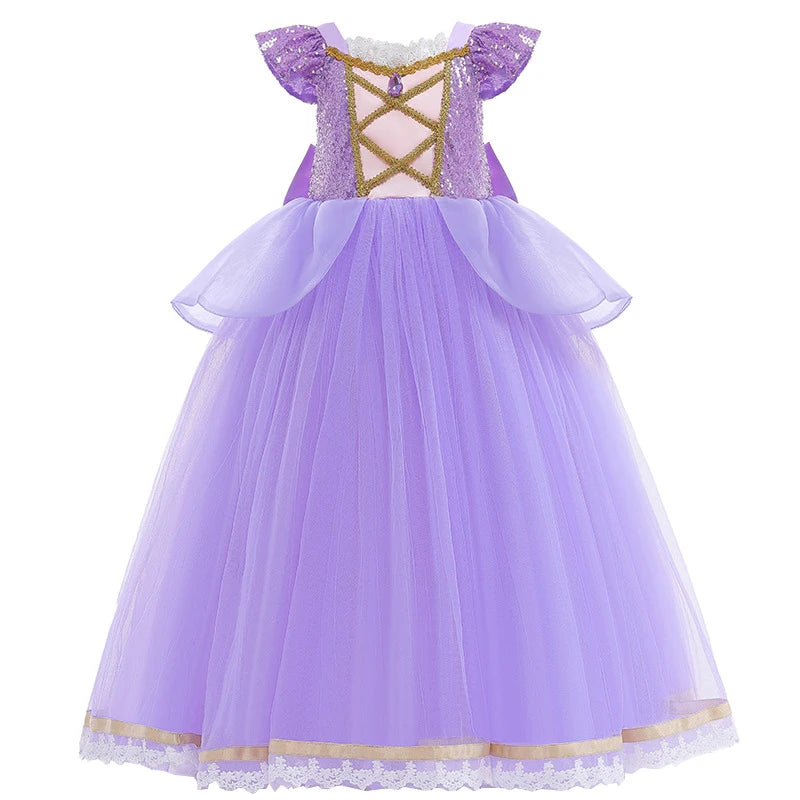 Girls Princess Dress Cinderellas Ball Gown Costume Flying Sleeve Big Bow Blue Purple Dress Fancy Carnival Birthday Party Luxury