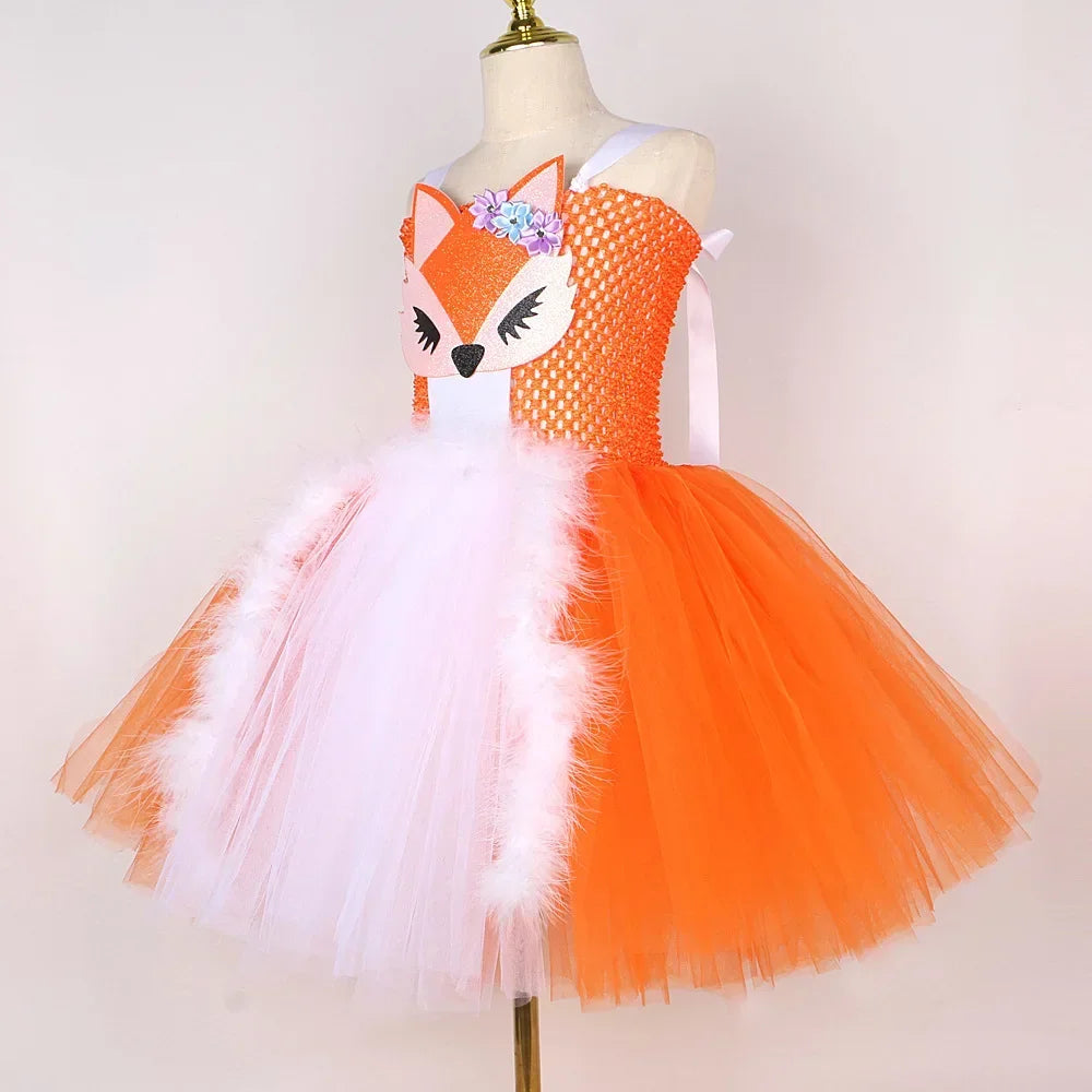 Orange White Fox Tutu Dress for Girls Birthday Party Carnival Fancy Dresses Animal Cosplay Halloween Costume for Kids Clothes