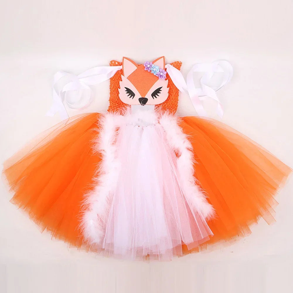 Orange White Fox Tutu Dress for Girls Birthday Party Carnival Fancy Dresses Animal Cosplay Halloween Costume for Kids Clothes