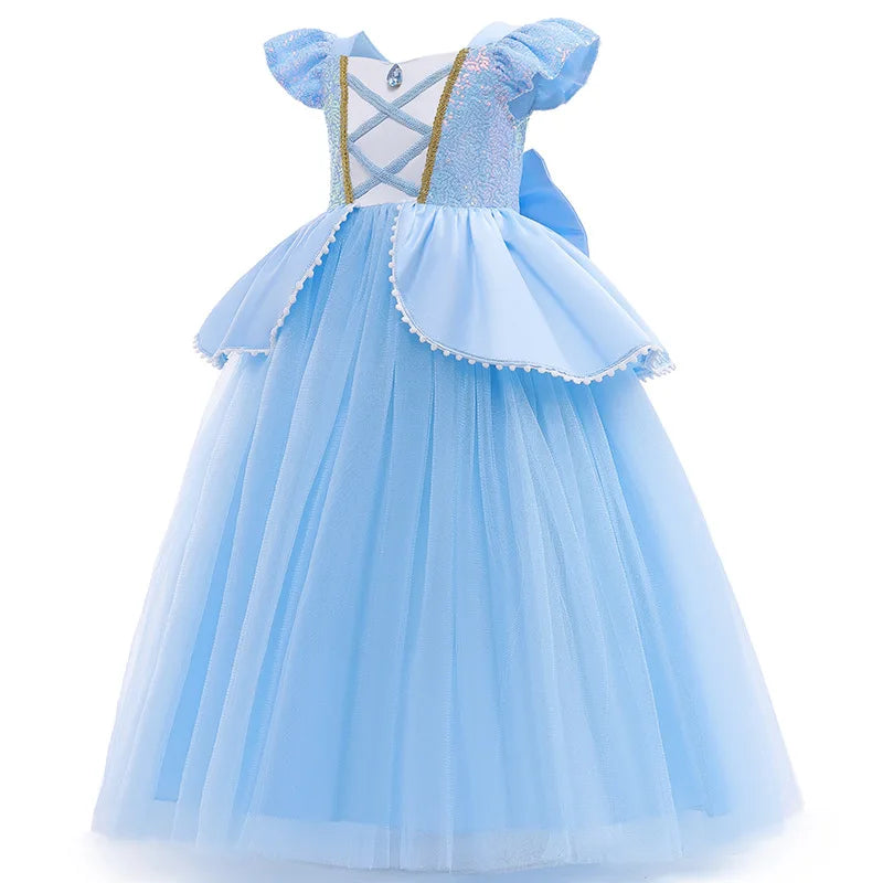 Girls Princess Dress Cinderellas Ball Gown Costume Flying Sleeve Big Bow Blue Purple Dress Fancy Carnival Birthday Party Luxury