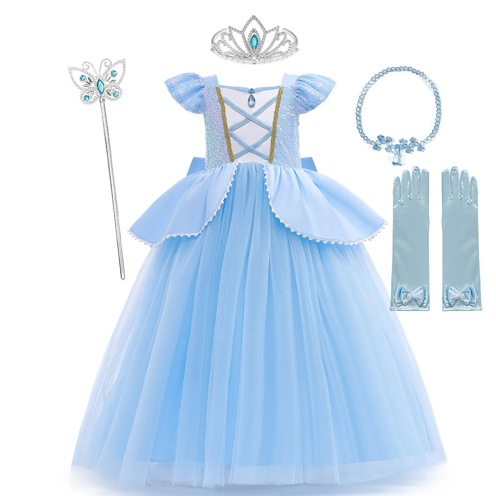Girls Princess Dress Cinderellas Ball Gown Costume Flying Sleeve Big Bow Blue Purple Dress Fancy Carnival Birthday Party Luxury