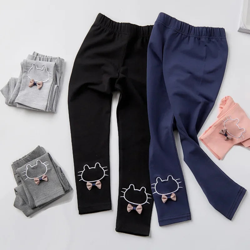 Girls Autumn Clothes Cute Cat Embroidery Girls' Leggings Elastic Spring Thin Warm Girl Pants Children's Clothing Casual Trousers