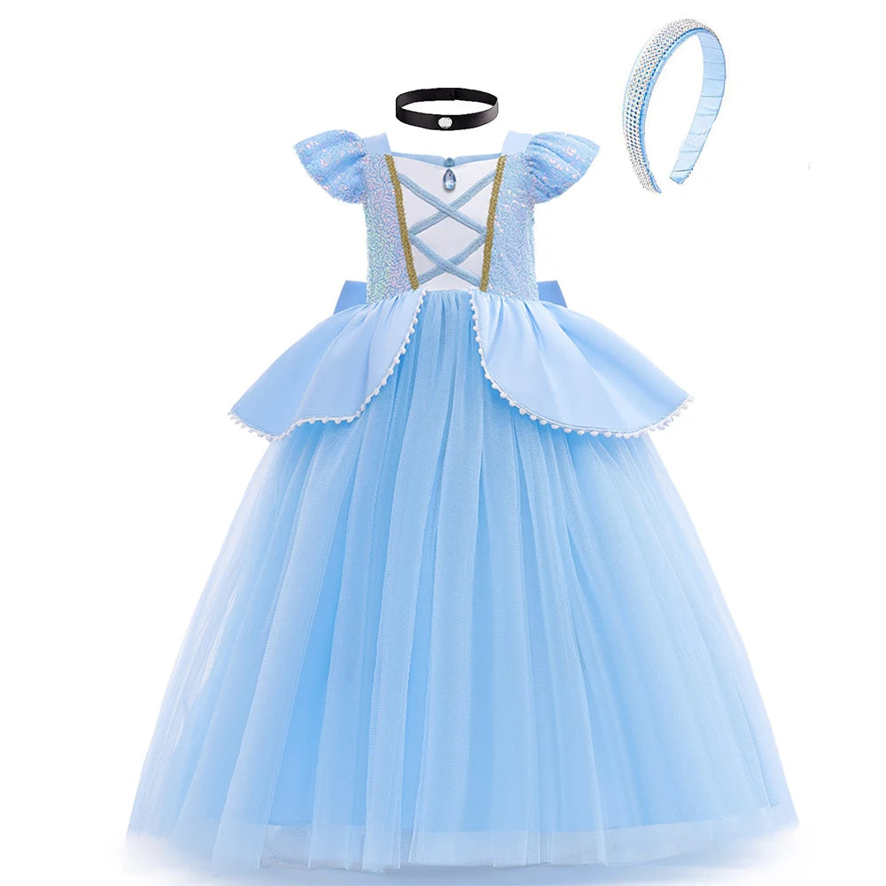 Girls Princess Dress Cinderellas Ball Gown Costume Flying Sleeve Big Bow Blue Purple Dress Fancy Carnival Birthday Party Luxury