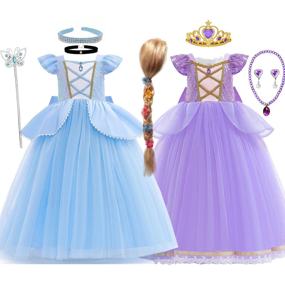 Girls Princess Dress Cinderellas Ball Gown Costume Flying Sleeve Big Bow Blue Purple Dress Fancy Carnival Birthday Party Luxury