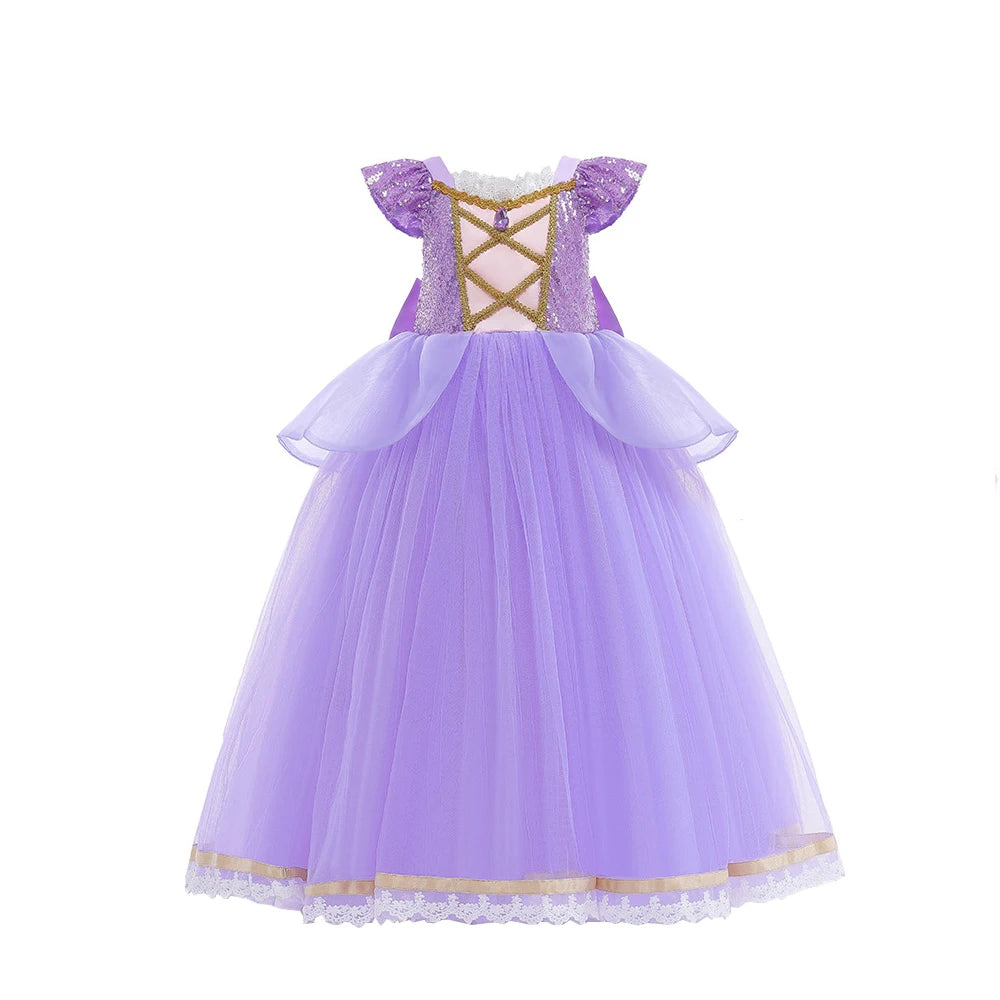 Girls Princess Dress Cinderellas Ball Gown Costume Flying Sleeve Big Bow Blue Purple Dress Fancy Carnival Birthday Party Luxury