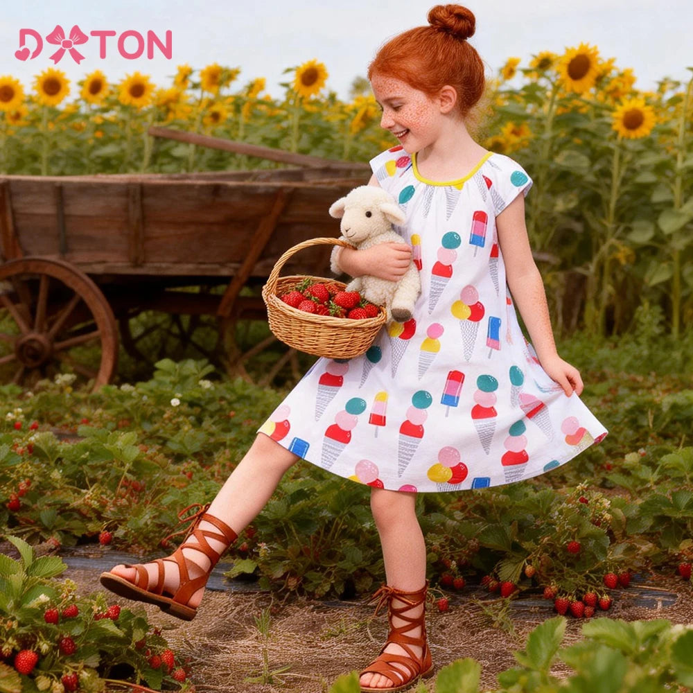 DXTON Girls Summer Holiday Dress Ice Cream Print Kids Sleeveless Dress  A-line Casual Children School Outfits Girls Daily Clothe