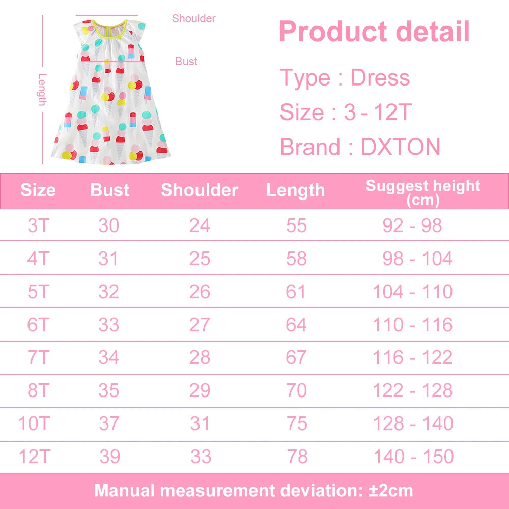DXTON Girls Summer Holiday Dress Ice Cream Print Kids Sleeveless Dress  A-line Casual Children School Outfits Girls Daily Clothe