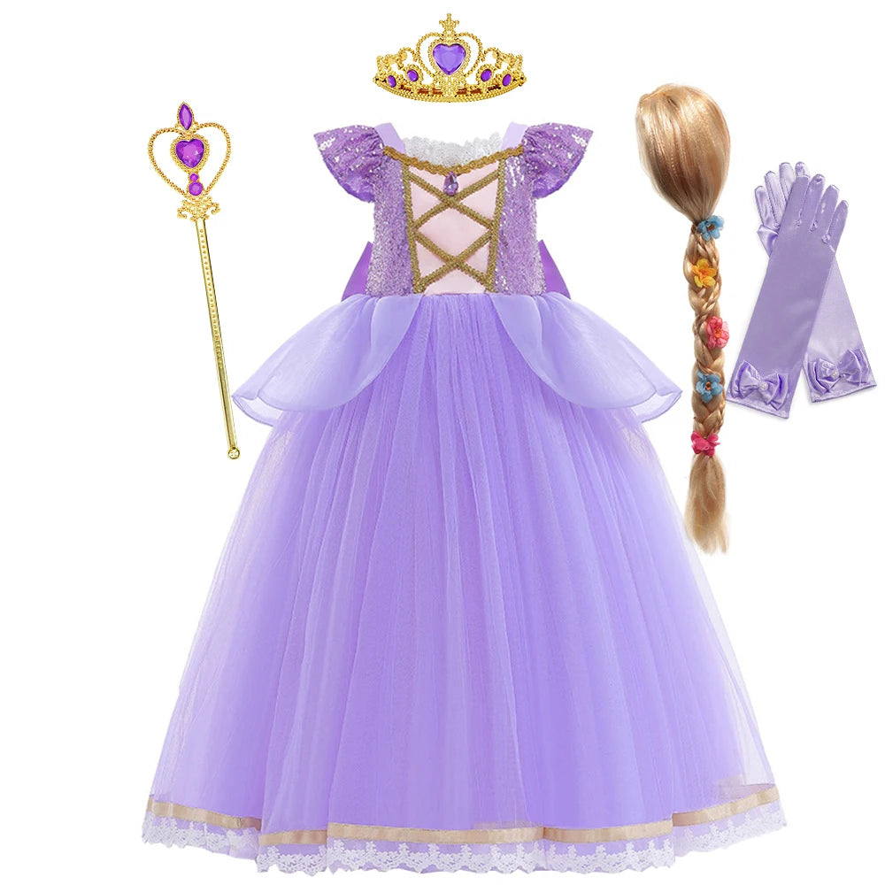 Girls Princess Dress Cinderellas Ball Gown Costume Flying Sleeve Big Bow Blue Purple Dress Fancy Carnival Birthday Party Luxury