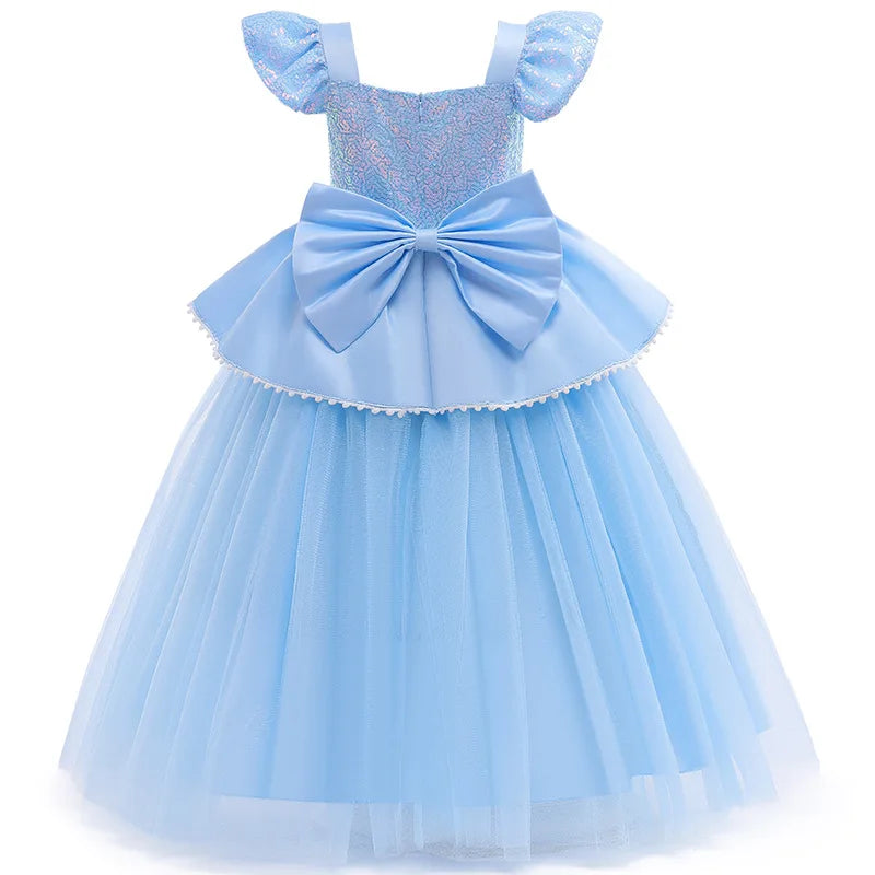 Girls Princess Dress Cinderellas Ball Gown Costume Flying Sleeve Big Bow Blue Purple Dress Fancy Carnival Birthday Party Luxury