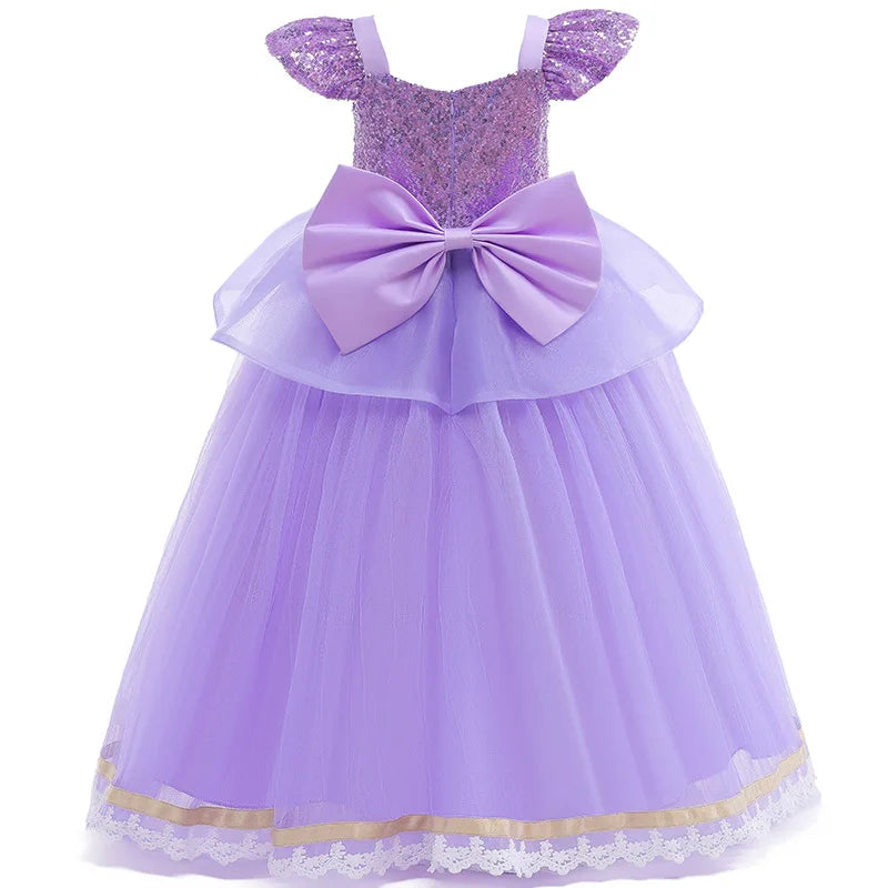 Girls Princess Dress Cinderellas Ball Gown Costume Flying Sleeve Big Bow Blue Purple Dress Fancy Carnival Birthday Party Luxury