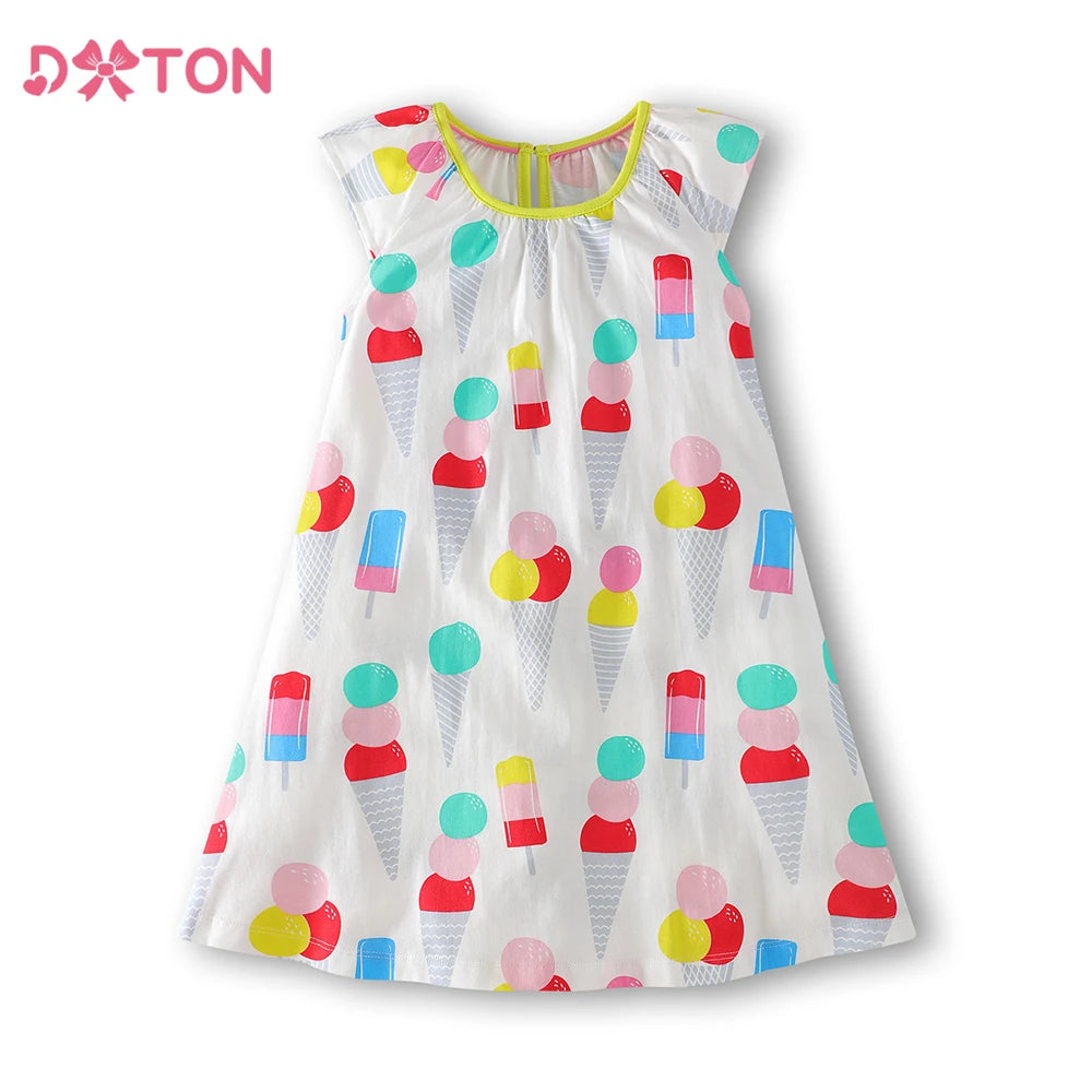DXTON Girls Summer Holiday Dress Ice Cream Print Kids Sleeveless Dress  A-line Casual Children School Outfits Girls Daily Clothe