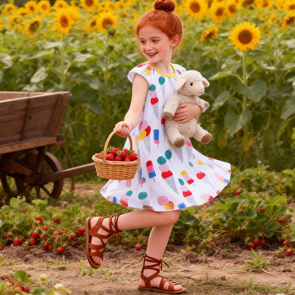 DXTON Girls Summer Holiday Dress Ice Cream Print Kids Sleeveless Dress  A-line Casual Children School Outfits Girls Daily Clothe