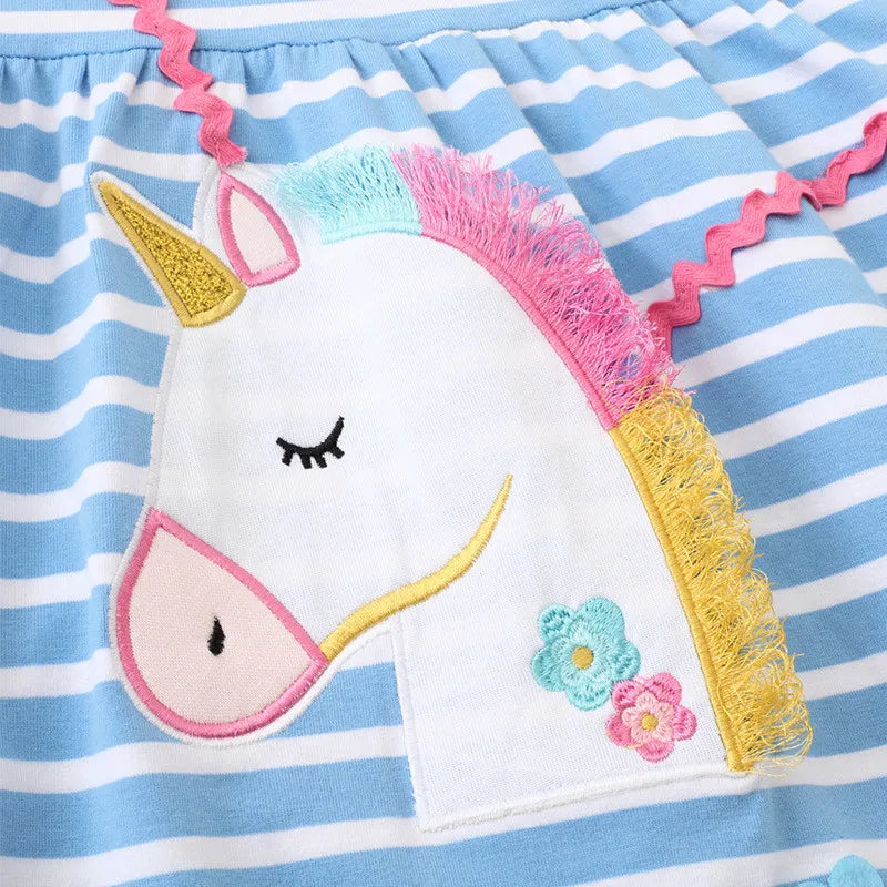 Jumping Meters 2-8T Princess Girls Dresses For Summer Children's Clothing Striped Unicorn Baby Birthday Dresses Kids Costume