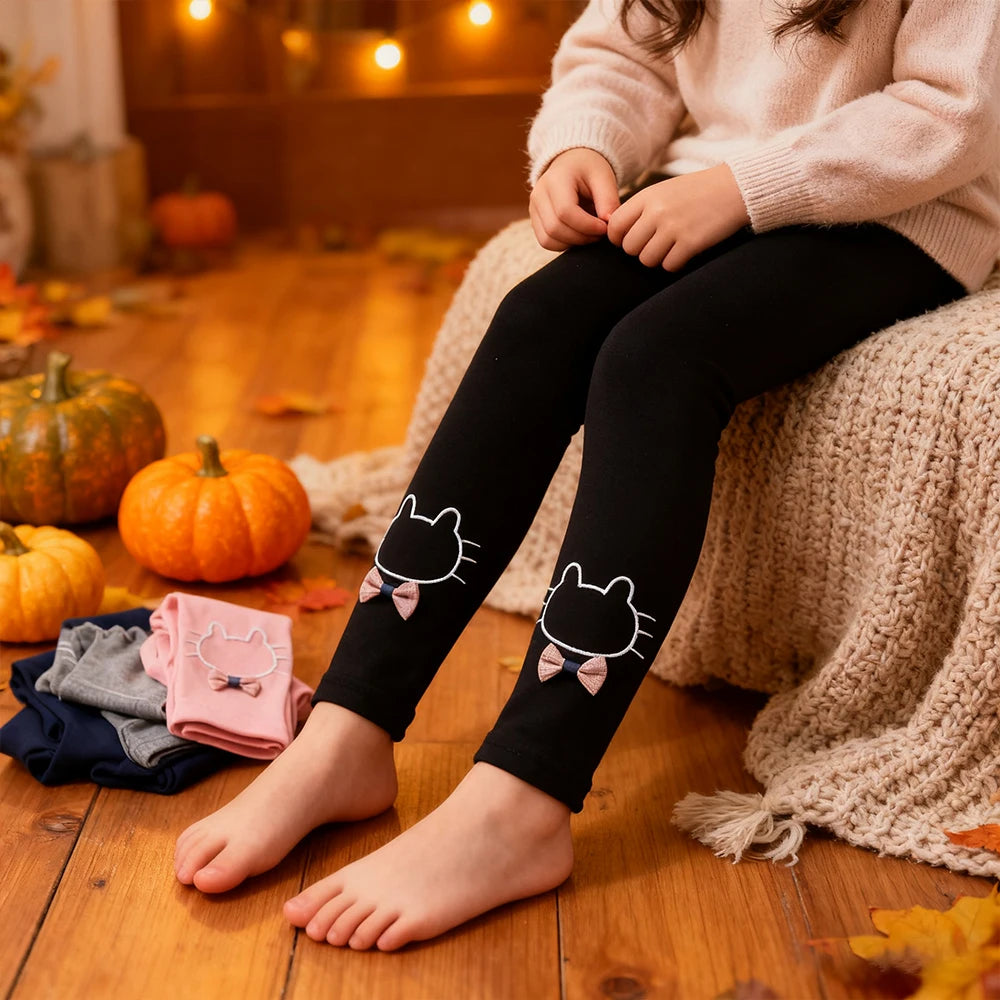 Girls Autumn Clothes Cute Cat Embroidery Girls' Leggings Elastic Spring Thin Warm Girl Pants Children's Clothing Casual Trousers