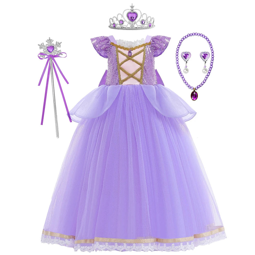 Girls Princess Dress Cinderellas Ball Gown Costume Flying Sleeve Big Bow Blue Purple Dress Fancy Carnival Birthday Party Luxury