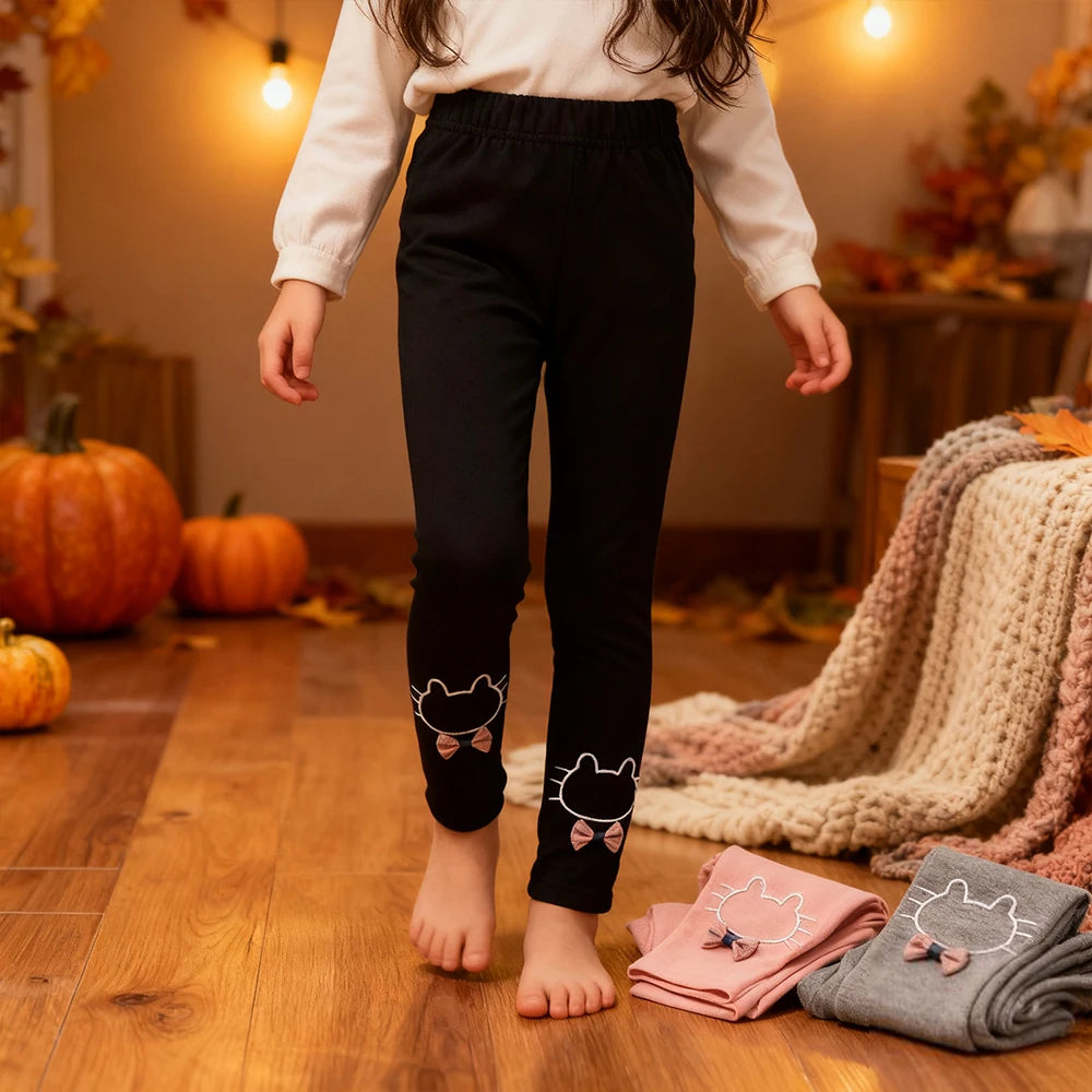 Girls Autumn Clothes Cute Cat Embroidery Girls' Leggings Elastic Spring Thin Warm Girl Pants Children's Clothing Casual Trousers