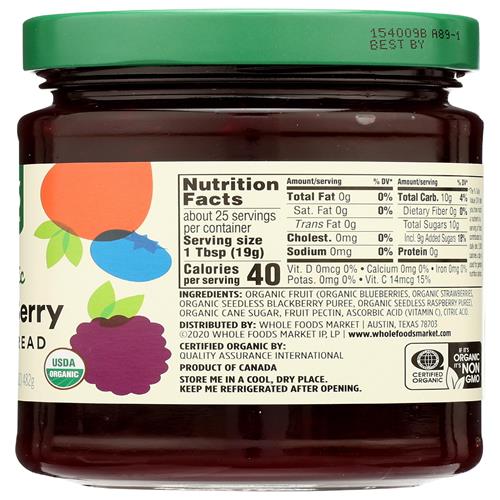 Whole Foods Market, Organic Mixed Berry Fruit Spread, 17 Oz