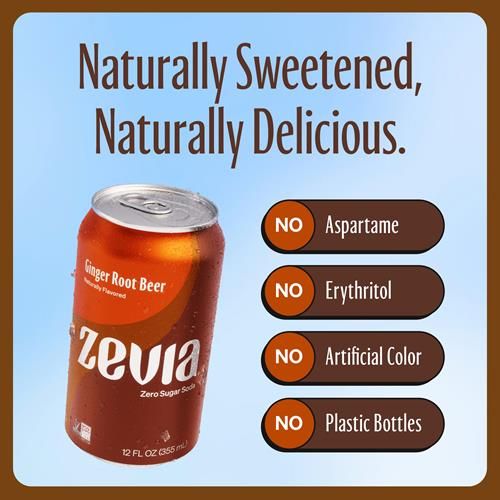 Zevia Ginger Root Beer, Zero Calorie Soda, 12 Fl Oz Cans, 6 Pack
